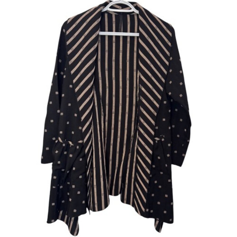 IC By Connie K  black and tan Art To Wear patterned open front cardigan size S